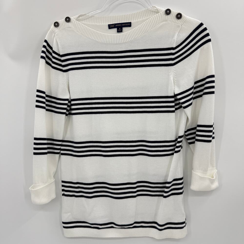 BROOKS BROTHERS Knit Shirt Sz M Nautical Stripe Boat Neck 3/4 Sleeve White Blue